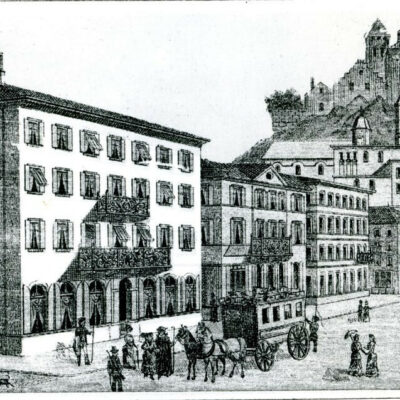 Rue de Lausanne et l’hôtel de la Poste, lithographie, vers 1880-1890 © Archives de la Ville de Sion