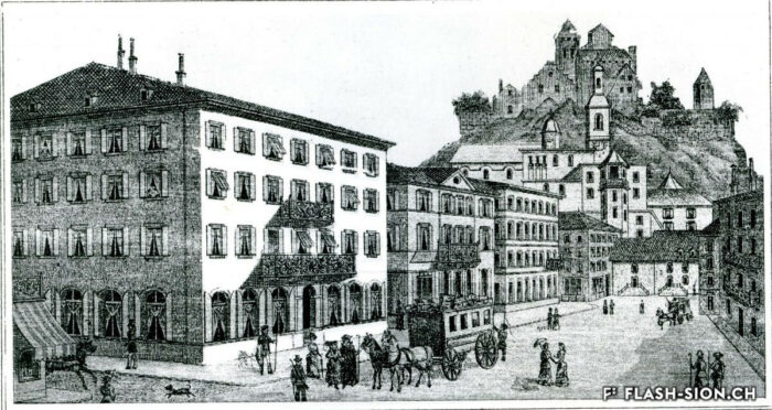 Rue de Lausanne et l’hôtel de la Poste, lithographie, vers 1880-1890 © Archives de la Ville de Sion