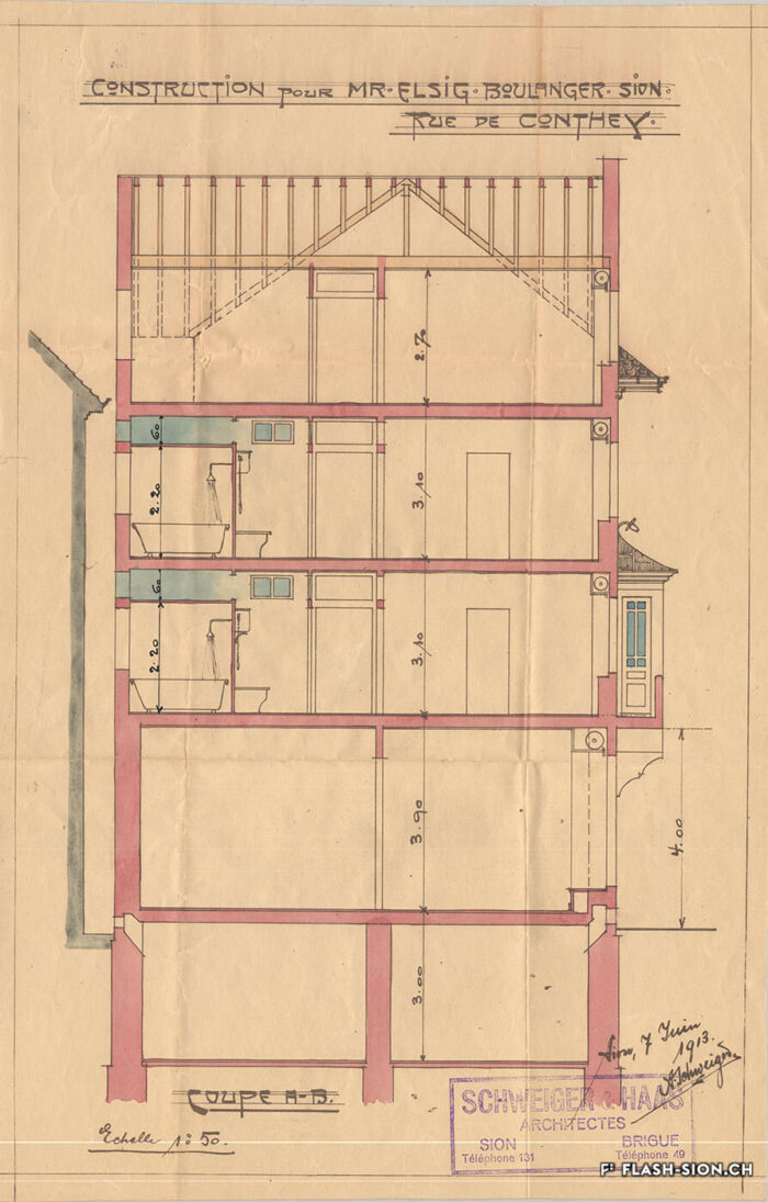 Maison A. Elsig, rue de Conthey, coupe, 1913-1915 © Archives de la Ville de Sion