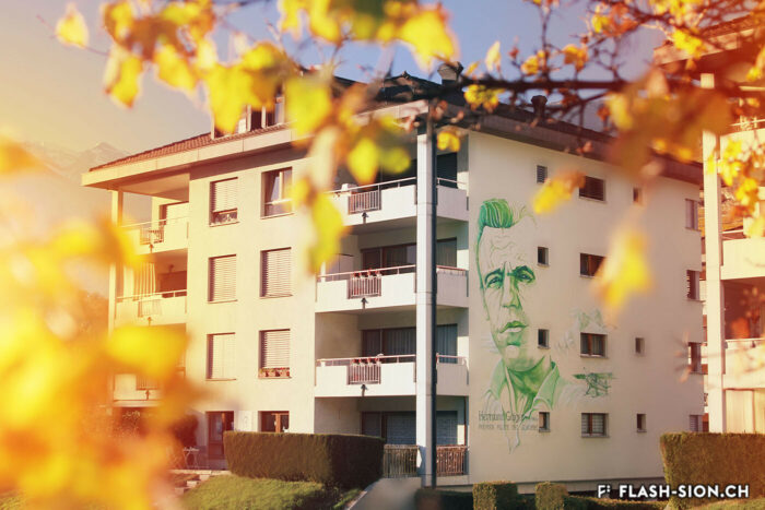 Fresque hommage réalisée par Pascal Bérod en 2014, au numéro 16 de la rue Hermann-Geiger, 2018 © Pentamedia, Archives de la Ville de Sion