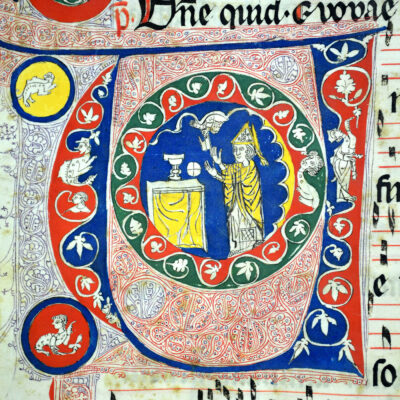 Messe dite « de saint Théodule ». Enluminure de l’antiphonaire de Sion, 1319 © Musées cantonaux du Valais - Chanoine Joseph Sarbach, Archives du Chapitre cathédral de Sion