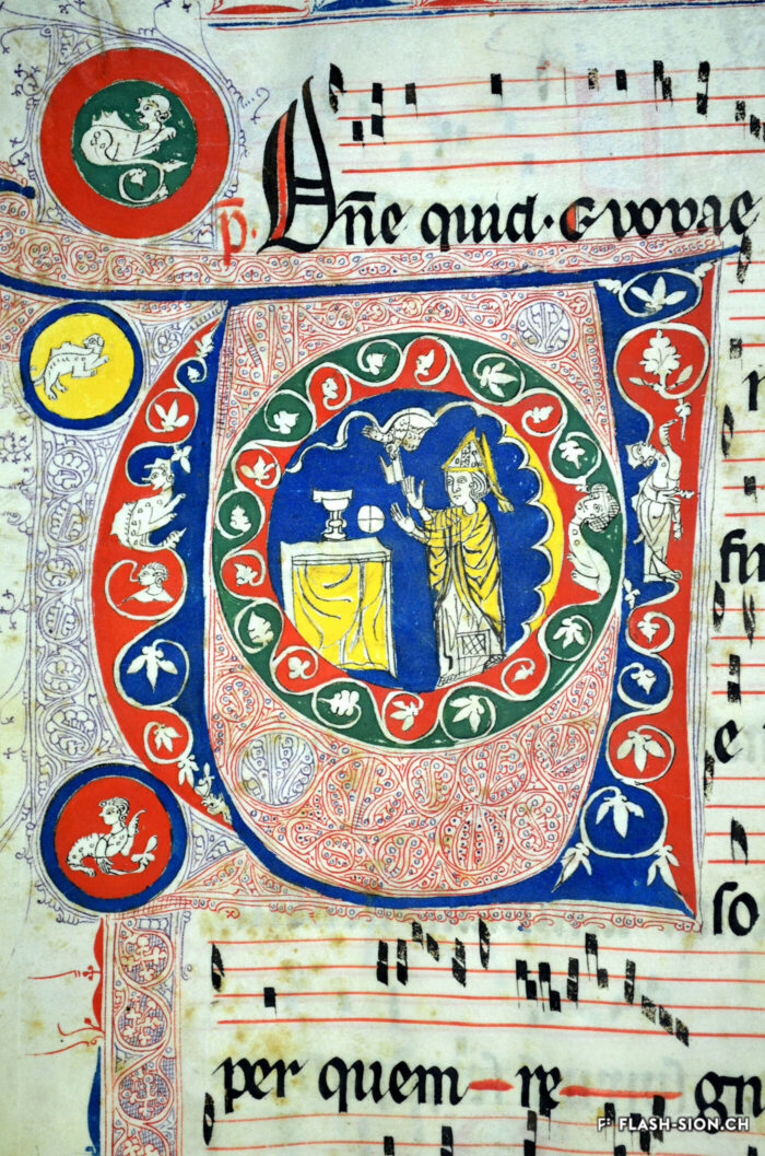 Messe dite « de saint Théodule ». Enluminure de l’antiphonaire de Sion, 1319 © Musées cantonaux du Valais - Chanoine Joseph Sarbach, Archives du Chapitre cathédral de Sion