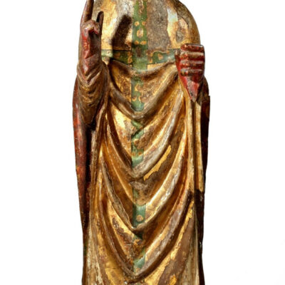 Représentation probable de Théodule en saint évêque. Noyer polychromé, 14e siècle © Musées cantonaux du Valais - Jean-Yves Glassey, Musée d’histoire du Valais