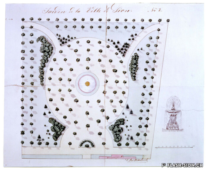 Un autre visage de la place de la Planta : projet d’un jardin à l’anglaise (non réalisé), 1878 © Archives de la Bourgeoisie de Sion