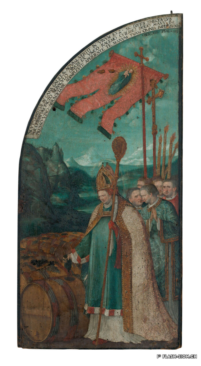 Triptyque de saint Théodule, scène du miracle du vin. Huile sur panneaux de bois, par Hans Bock l’Ancien, 1596 © Musées cantonaux du Valais - Jean-Yves Glassey, Musée d’histoire du Valais, dépôt du Chapitre cathédral de Sion