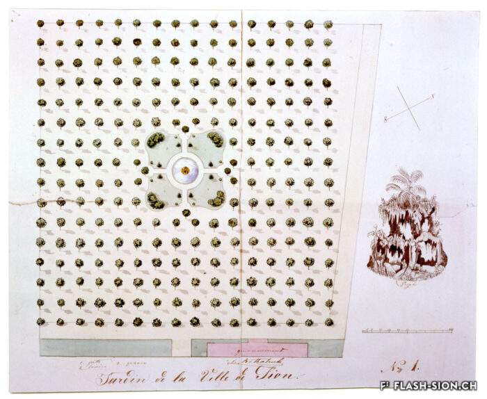 Un autre visage de la place de la Planta : projet d’un jardin à la française (non réalisé), 1878 © Archives de la Bourgeoisie de Sion