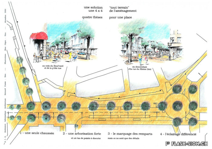 Etude préalable au concours de projets pour l’aménagement de la place du Midi, 1994 © Archives de la Ville de Sion