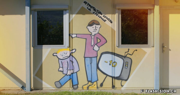 Fresque sur le bâtiment du Tipi Terrain d’Aventure du RLC, 2018 © Pentamedia, Archives de la Ville de Sion