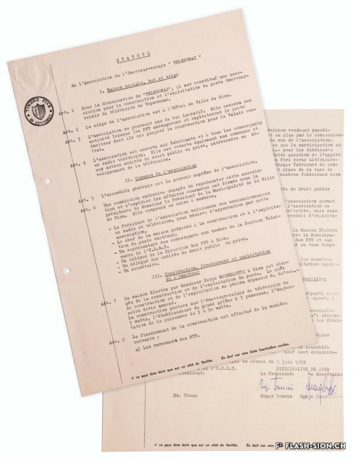 Statuts de « TELESONAZ », l’association destinée à assurer le financement de la construction et l’exploitation du poste émetteur-relais de télévision de Veysonnaz, 5 juin 1959 © Archives de la Ville de Sion