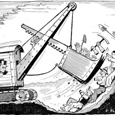 Caricature de la machine « voleuse » d’emplois employée à Crêtelongue, dessin de Fontanet, 1934 © Le Courrier de Sion