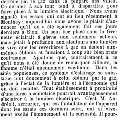 Premier essai de lumière électrique sous la Grenette en 1884 © Confédéré, 26 mars 1884