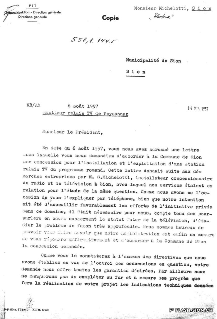 Grâce au soutien de Roger Bonvin, la commune reçoit enfin des PTT l’accord pour la concession d’un émetteur-relais TV à Veysonnaz, 14 octobre 1957 © Archives de la Ville de Sion, fonds Michelotti