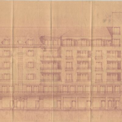 Premier projet par les architectes Gorjat & Baehler, Lausanne, pour le bâtiment « Les Rochers », initialement appelé « La Tour du Midi », 1933 © Archives de la Ville de Sion, fonds Joseph Bruchez