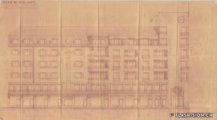 Premier projet par les architectes Gorjat & Baehler, Lausanne, pour le bâtiment « Les Rochers », initialement appelé « La Tour du Midi », 1933 © Archives de la Ville de Sion, fonds Joseph Bruchez