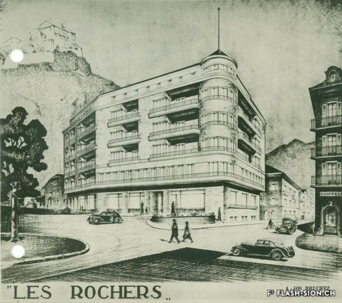 Dessin du futur bâtiment « Les Rochers » par l’architecte Joseph Bruchez, 1937 © Archives de la Ville de Sion