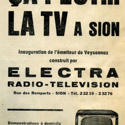 Annonce de l’arrivée de la TV à Sion dans la presse, 17 avril 1958 © Archives de la Ville de Sion, fonds Michelotti