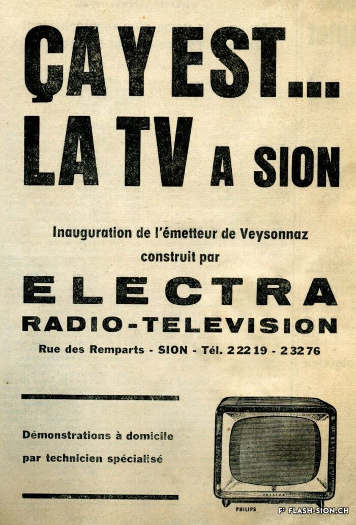 Annonce de l’arrivée de la TV à Sion dans la presse, 17 avril 1958 © Archives de la Ville de Sion, fonds Michelotti
