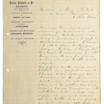 Lettre de Marius Dumont au Président de la Municipalité annonçant la fin des travaux de l’usine électrique, 9 décembre 1894 © photo Pentamedia, Archives de la Ville de Sion