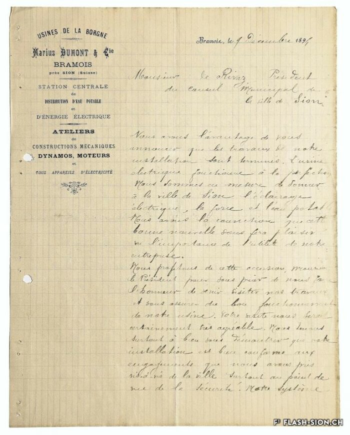 Lettre de Marius Dumont au Président de la Municipalité annonçant la fin des travaux de l’usine électrique, 9 décembre 1894 © photo Pentamedia, Archives de la Ville de Sion