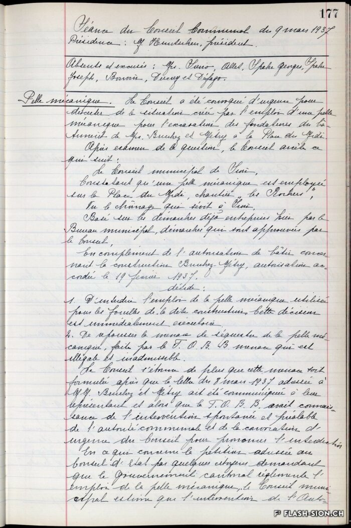 Le Conseil municipal est convoqué d’urgence le 9 mars 1937 pour prendre position quant à l’utilisation de la pelle mécanique pour l’excavation des fondations du bâtiment © Archives de la Ville de Sion