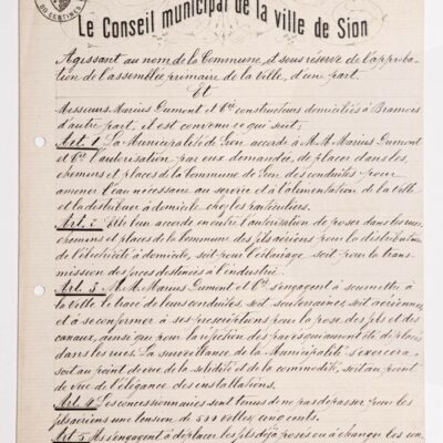 Convention entre la Municipalité de Sion et l’Usine Dumont pour l’eau potable et l’électricité, 15 mars 1895 © Archives de la Ville de Sion