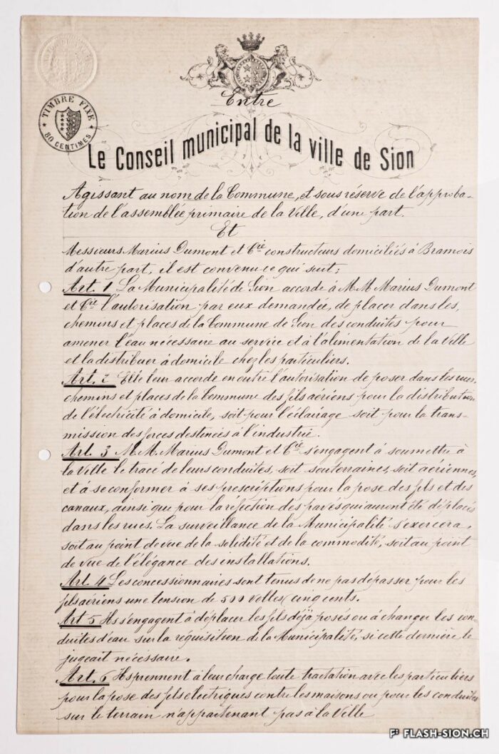 Convention entre la Municipalité de Sion et l’Usine Dumont pour l’eau potable et l’électricité, 15 mars 1895 © Archives de la Ville de Sion