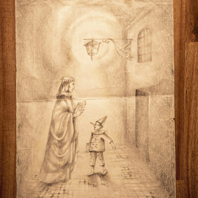 Dessin des deux premiers numéros de l’Occhio représentant Dante et Pinocchio devant la Colonie italienne, dessin de Maria Marino, 1986 © Pentamedia, Archives de la Ville de Sion, 2019