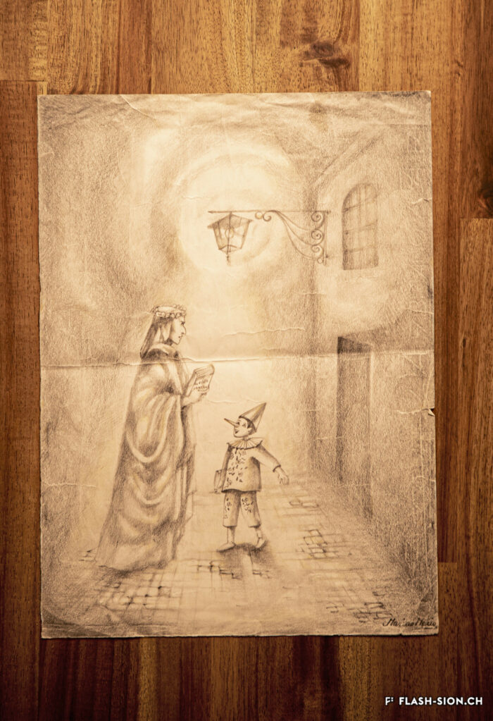 Dessin des deux premiers numéros de l’Occhio représentant Dante et Pinocchio devant la Colonie italienne, dessin de Maria Marino, 1986 © Pentamedia, Archives de la Ville de Sion, 2019