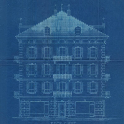 Plan de la façade ouest de l’Hôtel Suisse Schweizerhof, attribué à Michel Fasanino, février 1900 © Archives de la Ville de Sion