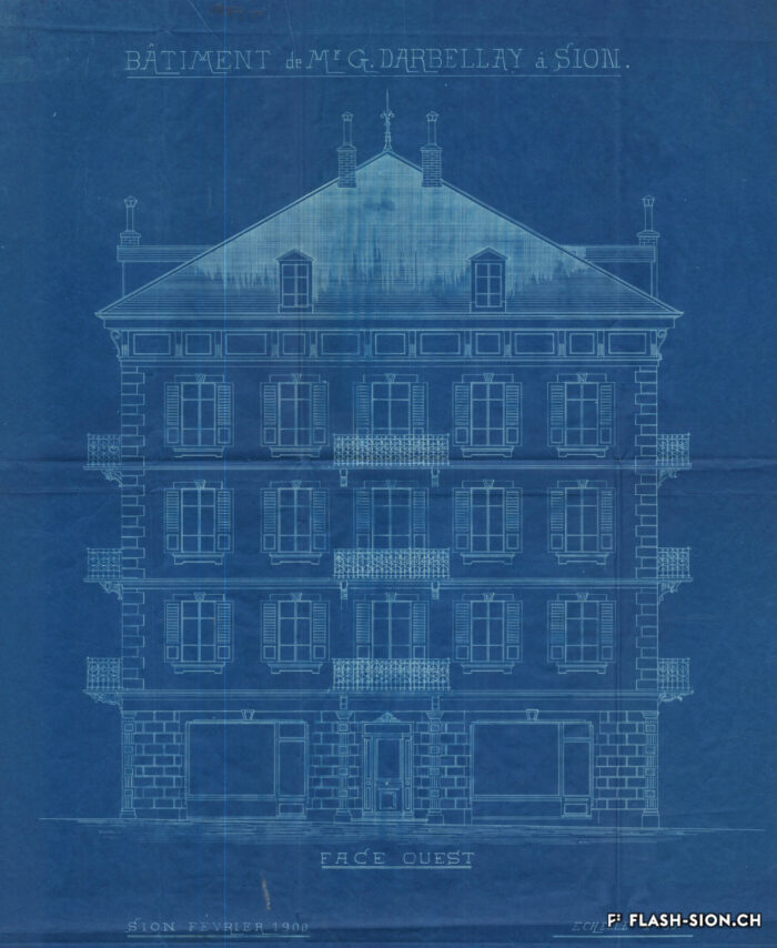 Plan de la façade ouest de l’Hôtel Suisse Schweizerhof, attribué à Michel Fasanino, février 1900 © Archives de la Ville de Sion