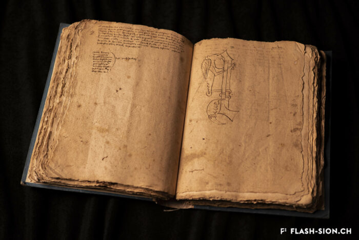 Fantaisie du notaire lombard Ambrosius de Poldo dans l’un de ses registres, 1425 © Pentamedia, Archives du Chapitre de Sion, 2019