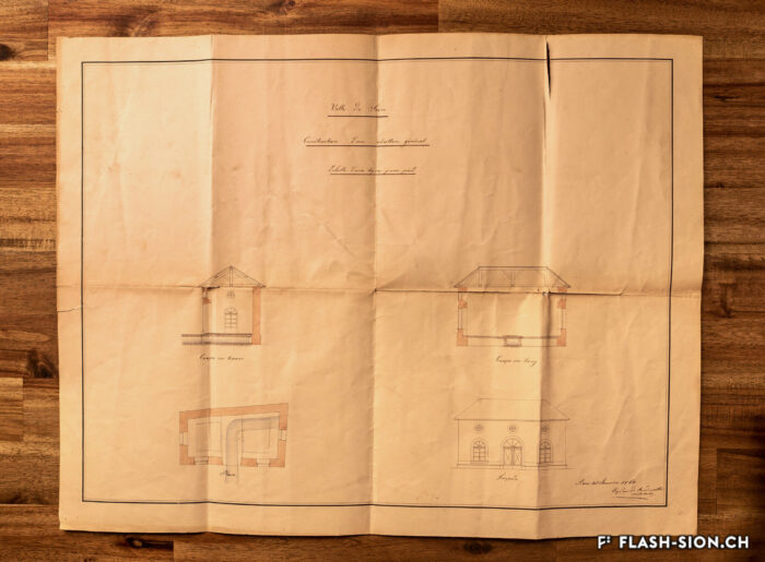 Plan du projet de construction de l’abattoir municipal, à l’emplacement actuel de la colonie italienne, 1850 © Pentamedia, Archives de la Ville de Sion, 2019