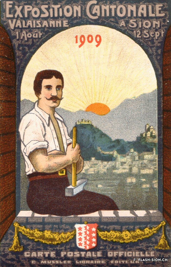 Lors de l’exposition cantonale valaisanne de 1909, de nombreux entrepreneurs italiens sont primés, carte postale officielle © C. Mussler – Sion, Archives de la Ville de Sion, 1909