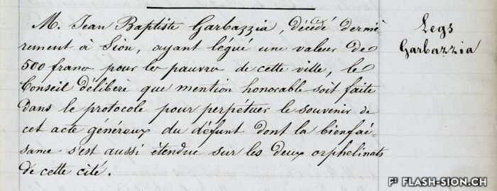 Le conseil municipal atteste du don de Jean-Baptiste Garbazzia fait aux pauvres de Sion, 2 juin 1865 © Archives de la Ville de Sion
