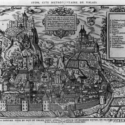 Le château de Tourbillon, construit à la fin du 13ème siècle, symbole de l’administration centralisée de Boniface de Challant © In : « Cosmographie » de Sebastian Münster, gravure sur bois, 1575