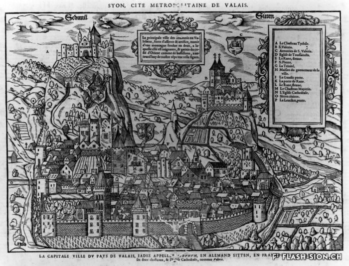 Le château de Tourbillon, construit à la fin du 13ème siècle, symbole de l’administration centralisée de Boniface de Challant © In : « Cosmographie » de Sebastian Münster, gravure sur bois, 1575