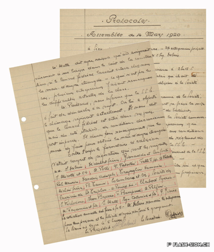 Des entrepreneurs italiens sédunois font partie des membres de l’Association Valaisanne des Entrepreneurs lors de la première assemblée générale de 1920 © photo Archives de l’Etat du Valais, archives de l’AVE, 2018