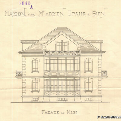 Plan de la façade Sud de la villa Adrien Spahr, à la rue du Petit-Chasseur, construite en 1906-1907 et attribuée à Michel Fasanino © Archives de la Ville de Sion