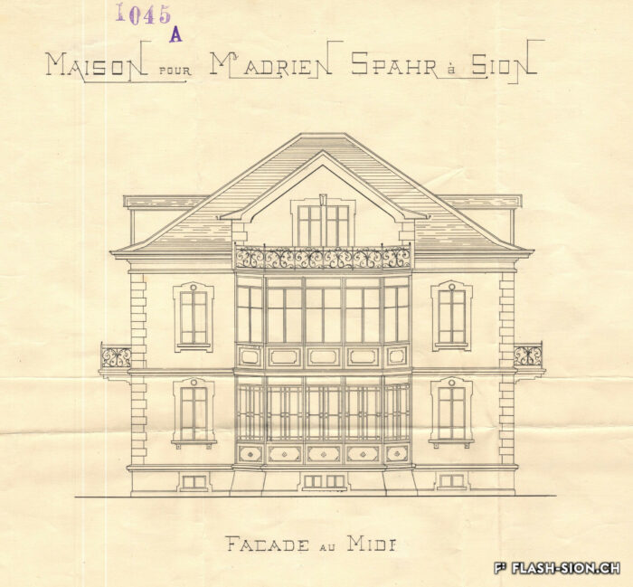 Plan de la façade Sud de la villa Adrien Spahr, à la rue du Petit-Chasseur, construite en 1906-1907 et attribuée à Michel Fasanino © Archives de la Ville de Sion