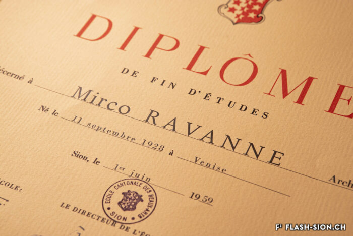 Diplôme de fin d’études de l’école cantonale des Beaux-Arts du Valais de Mirco Ravanne, 1959 © Pentamedia, archives privées Marie-Laure Ravanne, 2019