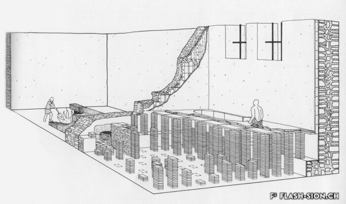 Reconstitution du caldarium des thermes fouillés en 1974, illustrant le système de chauffage par hypocauste © Extrait de : François Wiblé, Martigny-la-Romaine, Fondation Pierre Gianadda, Martigny 2008, p. 145, fig. 170 (dessin : Archéologie cantonale, Georges Vionnet)