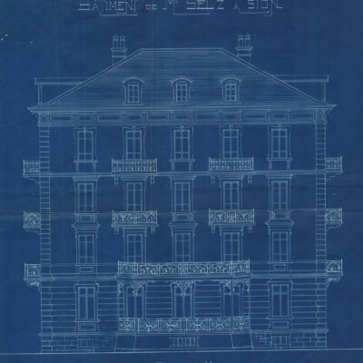 Plan de la façade Sud de la maison Selz à l’avenue de la Gare, construite en 1907-1908 et démolie en 1987 © Archives de la Ville de Sion