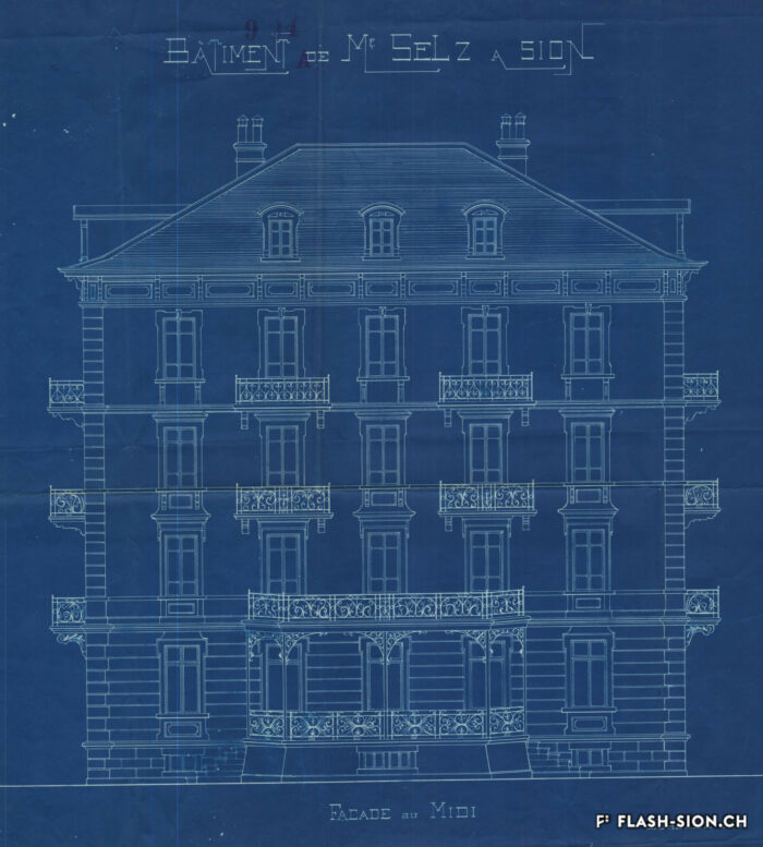 Plan de la façade Sud de la maison Selz à l’avenue de la Gare, construite en 1907-1908 et démolie en 1987 © Archives de la Ville de Sion
