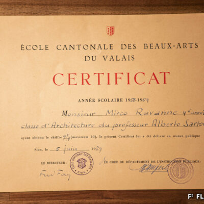 Certificat de fin de 4ème année à l’école des Beaux-Arts du Valais de Mirco Ravanne, section architecture, 1959 © Pentamedia, archives privées Marie-Laure Ravanne, 2019