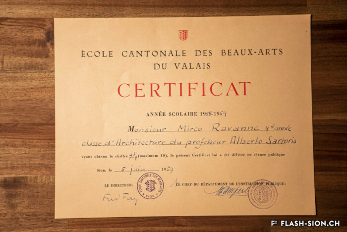 Certificat de fin de 4ème année à l’école des Beaux-Arts du Valais de Mirco Ravanne, section architecture, 1959 © Pentamedia, archives privées Marie-Laure Ravanne, 2019