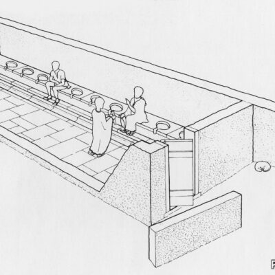 Reconstitution des latrines des thermes fouillés en 1974 © Extrait de : François Wiblé, Martigny-la-Romaine, Fondation Pierre Gianadda, Martigny 2008, p. 111, fig. 119 (dessin : Archéologie cantonale, Georges Vionnet)