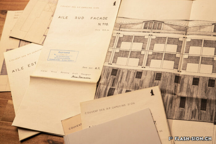 Plans de mise à l’enquête du Couvent des Capucins, par Mirco Ravanne, 1964-1965 © Pentamedia, Archives de la Ville de Sion, 2019