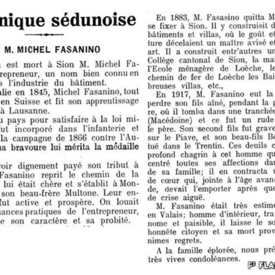 Chronique sédunoise, décès de Michel Fasanino © Journal et feuille d’avis du Valais, 11 septembre 1923