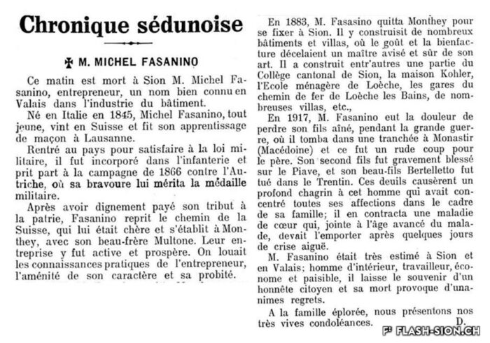 Chronique sédunoise, décès de Michel Fasanino © Journal et feuille d’avis du Valais, 11 septembre 1923