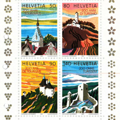 La ville de Sion, plus précisément la Tour des Sorciers, est choisie pour représenter la Suisse romande sur les timbres émis en 1987 pour les 200 ans du tourisme, Archives de la Ville de Sion